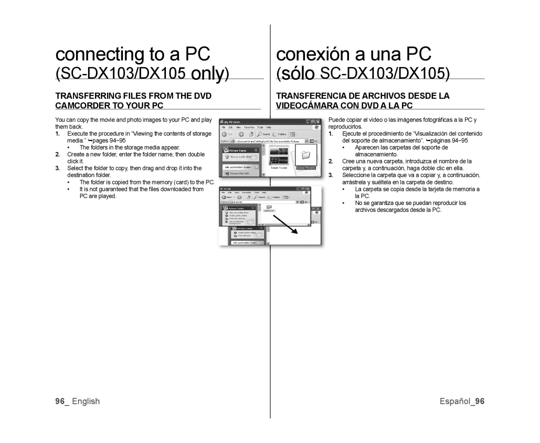 Samsung SC-DX105, SC-DX100, SC-DX103 user manual Transferring Files from the DVD Camcorder to Your PC, English Español96 