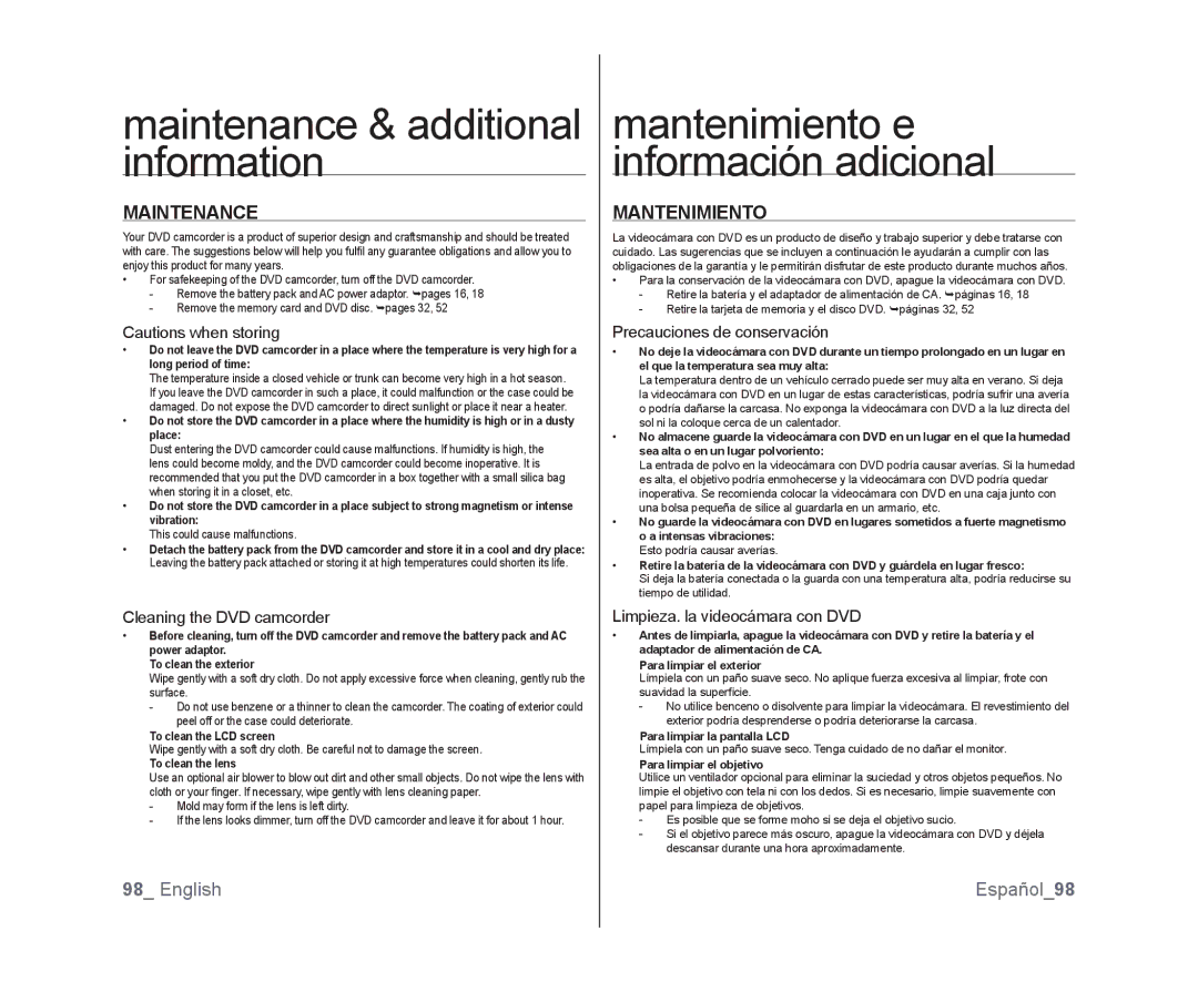 Samsung SC-DX103, SC-DX105 Maintenance & additional information, Mantenimiento e información adicional, English Español98 