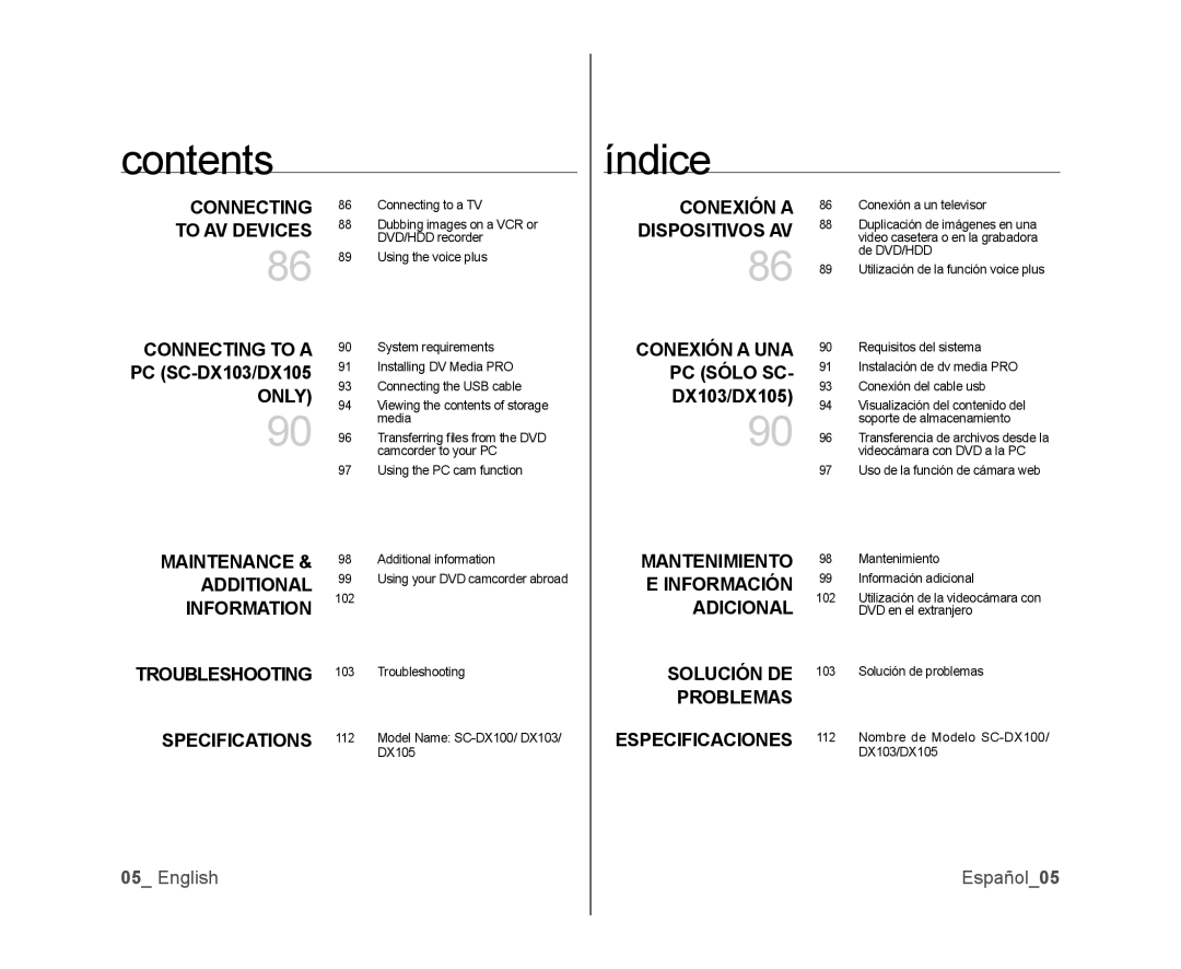 Samsung SC-DX103 Maintenance, Additional, Information, Specifications, Mantenimiento, Información, Adicional, Solución DE 