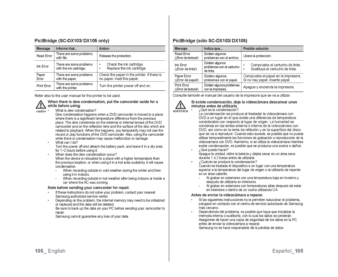 Samsung SC-DX105, SC-DX100 user manual English Español105, PictBridge SC-DX103/ DX105 only, PictBridge sólo SC-DX103/ DX105 