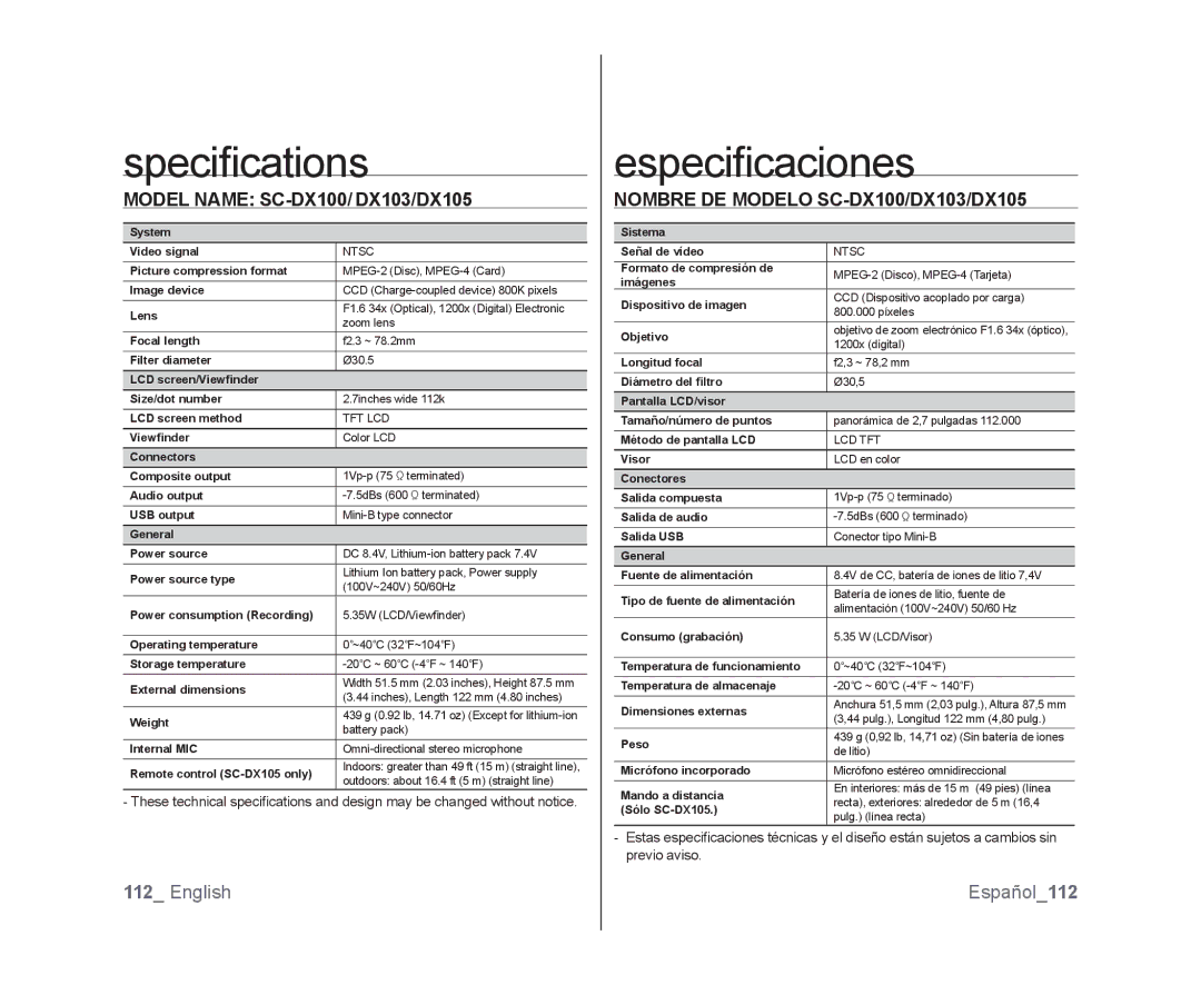 Samsung Speciﬁcations, Especiﬁcaciones, Model Name SC-DX100/ DX103/DX105, Nombre DE Modelo SC-DX100/DX103/DX105 