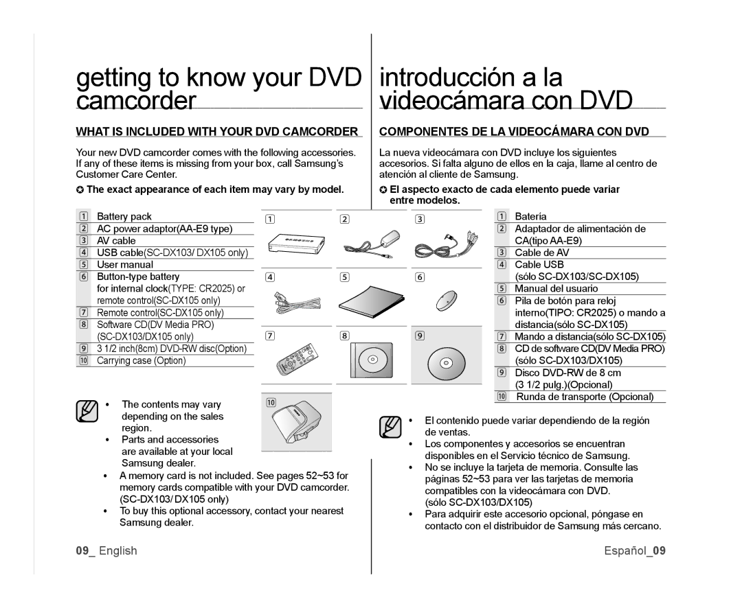 Samsung SC-DX105, SC-DX100, SC-DX103 user manual Introducción a la, Camcorder Videocámara con DVD, Getting to know your DVD 