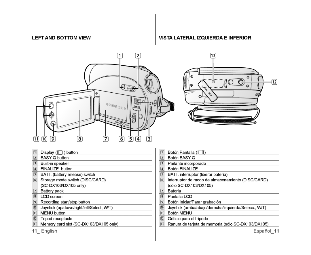 Samsung SC-DX103, SC-DX105, SC-DX100 user manual Left and Bottom View, English Español11 