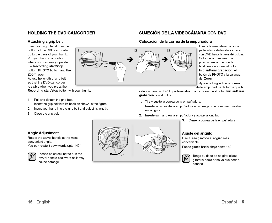Samsung SC-DX105 English Español15, Angle Adjustment Ajuste del ángulo, Recording start/stop, Iniciar/Parar grabación, el 