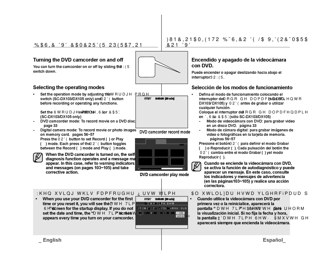 Samsung SC-DX105, SC-DX100, SC-DX103 Turning the DVD camcorder on and off, Selecting the operating modes, English Español21 