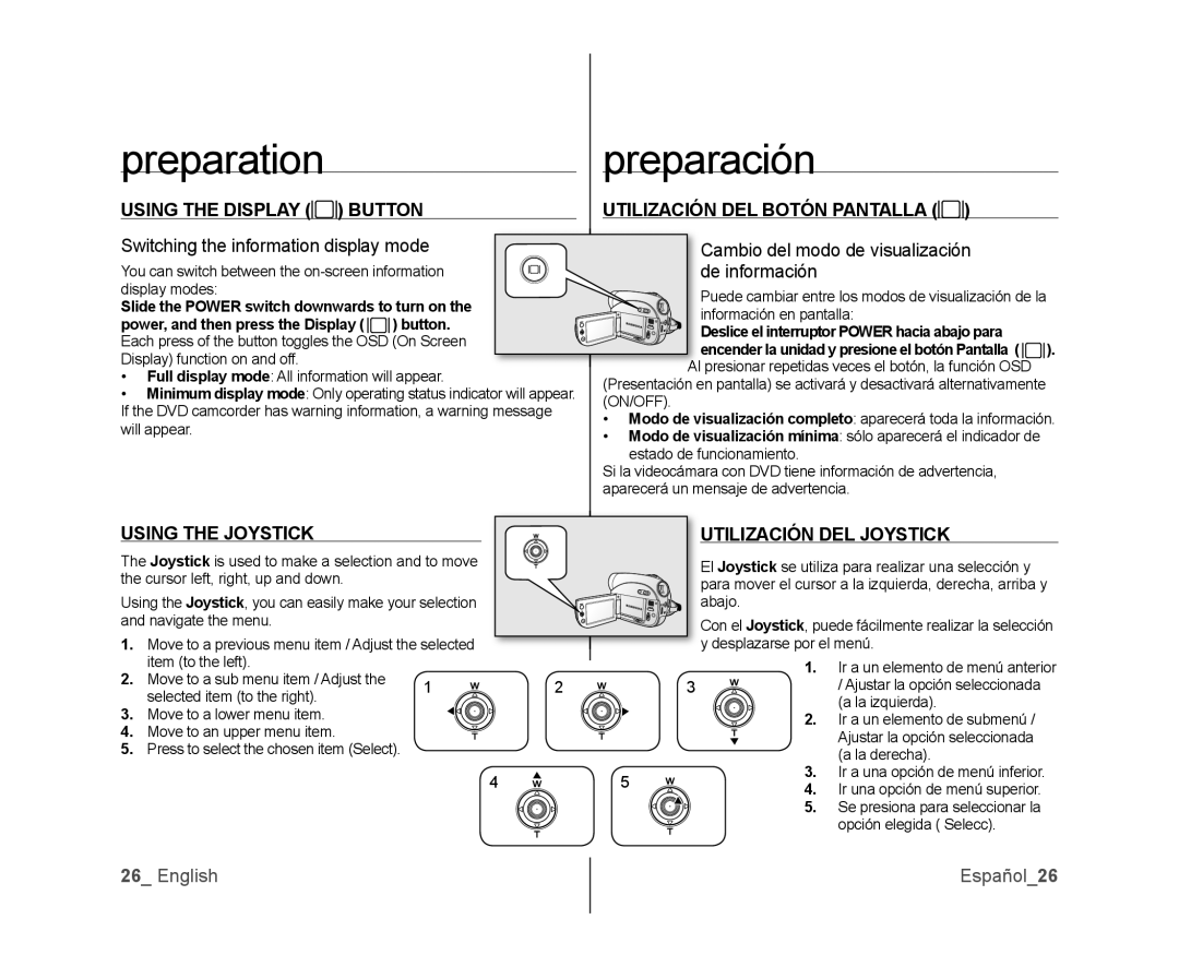 Samsung SC-DX103, SC-DX105, SC-DX100 user manual Button, Using the Joystick, Utilización DEL Joystick, English Español26 