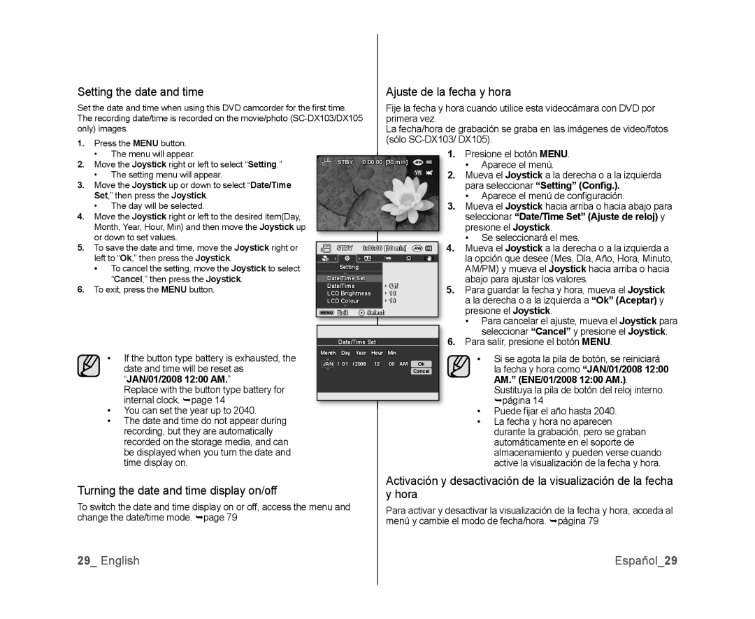 Samsung SC-DX103, SC-DX105, SC-DX100 Setting the date and time, Turning the date and time display on/off, English Español29 