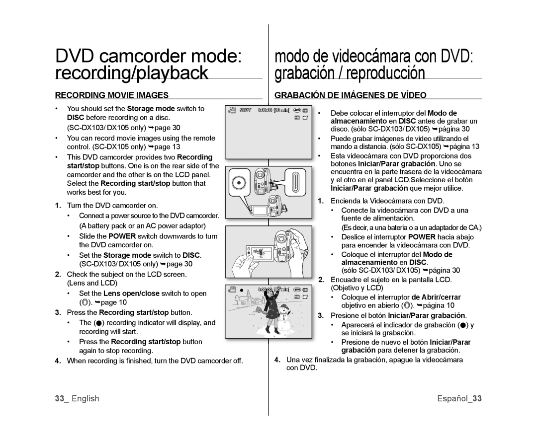 Samsung SC-DX105, SC-DX100, SC-DX103 DVD camcorder mode, Recording/playback, Grabación / reproducción, English Español33 