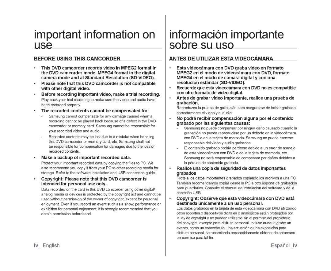 Samsung SC-DX100, SC-DX105 Important information on use, Información importante sobre su uso, Before Using this Camcorder 