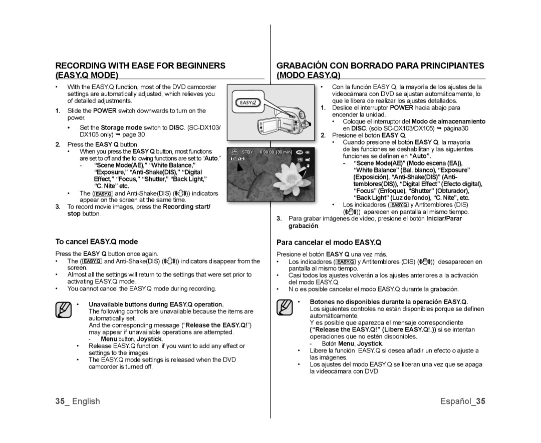 Samsung SC-DX103, SC-DX105, SC-DX100 user manual English Español35, To cancel EASY.Q mode, Para cancelar el modo EASY.Q 