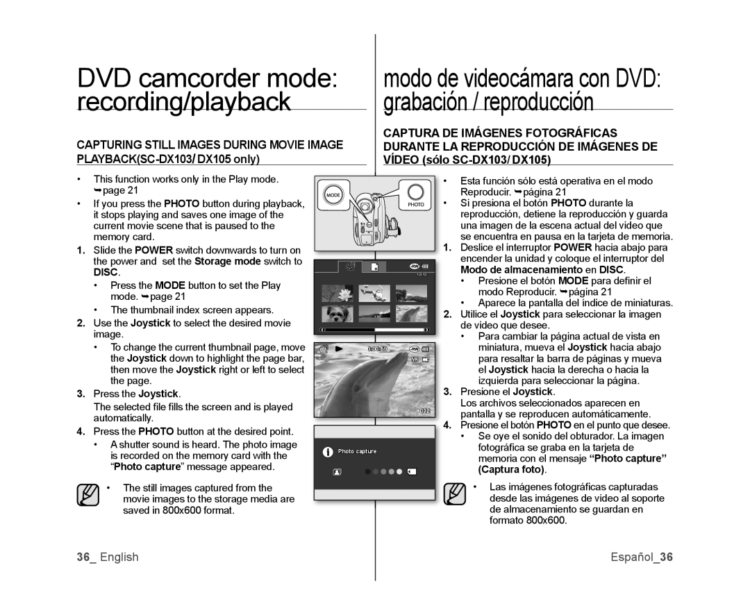 Samsung SC-DX105, SC-DX100, SC-DX103 user manual English Español36, Presione el Joystick 