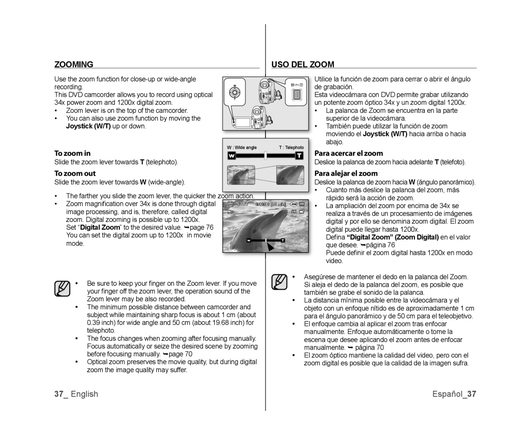 Samsung SC-DX100, SC-DX105, SC-DX103 user manual Zooming USO DEL Zoom, English Español37 