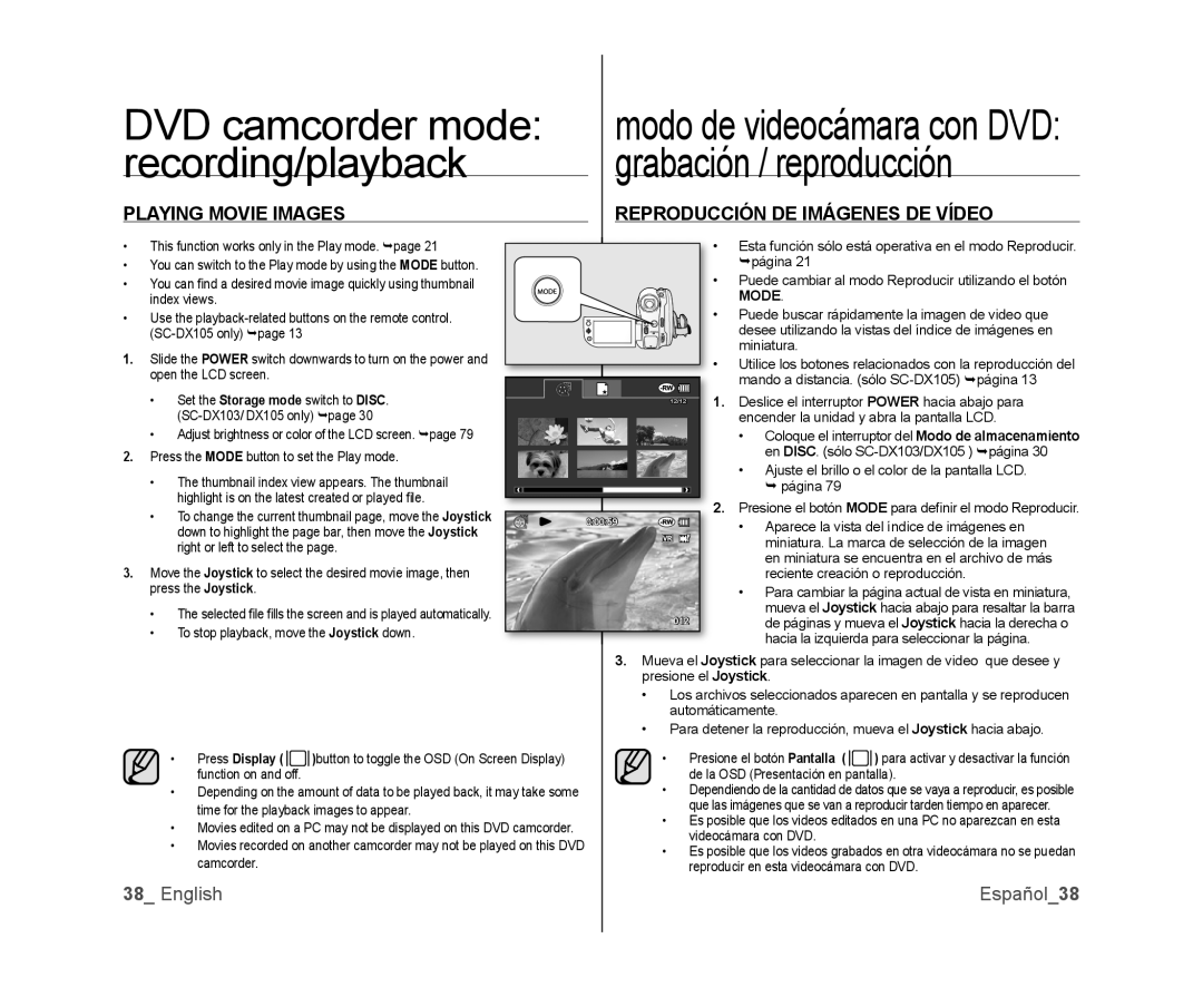 Samsung SC-DX103, SC-DX105, SC-DX100 user manual Playing Movie Images Reproducción DE Imágenes DE Vídeo, English Español38 