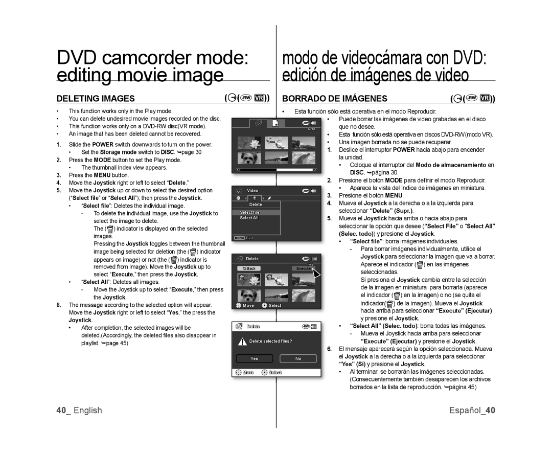 Samsung SC-DX100, SC-DX105, SC-DX103 user manual Deleting Images Borrado DE Imágenes, English Español40 