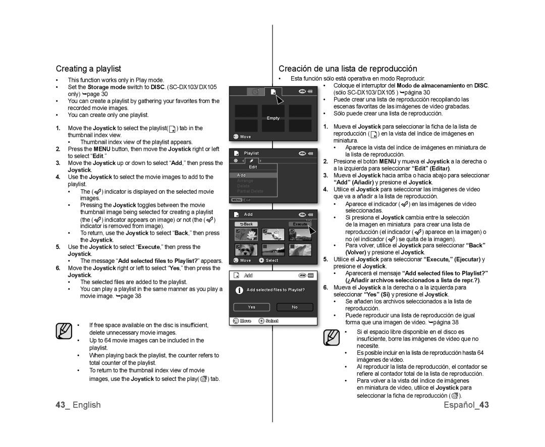 Samsung SC-DX100, SC-DX105, SC-DX103 Creating a playlist, English Español43, Creación de una lista de reproducción 