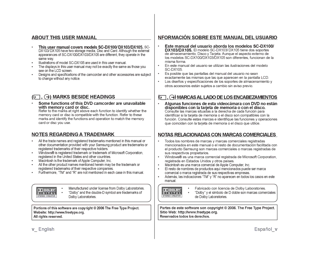 Samsung SC-DX103 Nformación Sobre Este Manual DEL Usuario, Marks Beside Headings, Marcasallado DE LOS Encabezamientos 