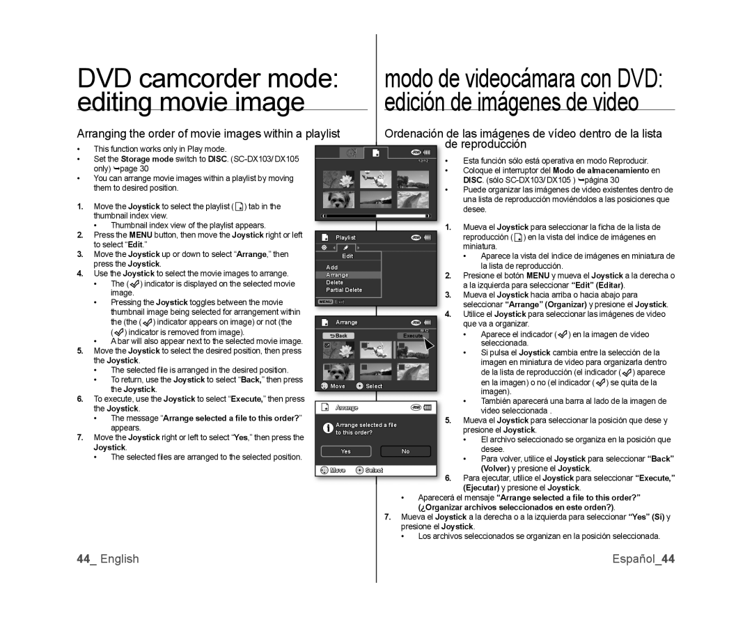 Samsung SC-DX103, SC-DX105, SC-DX100 user manual Editing movie image, English Español44 