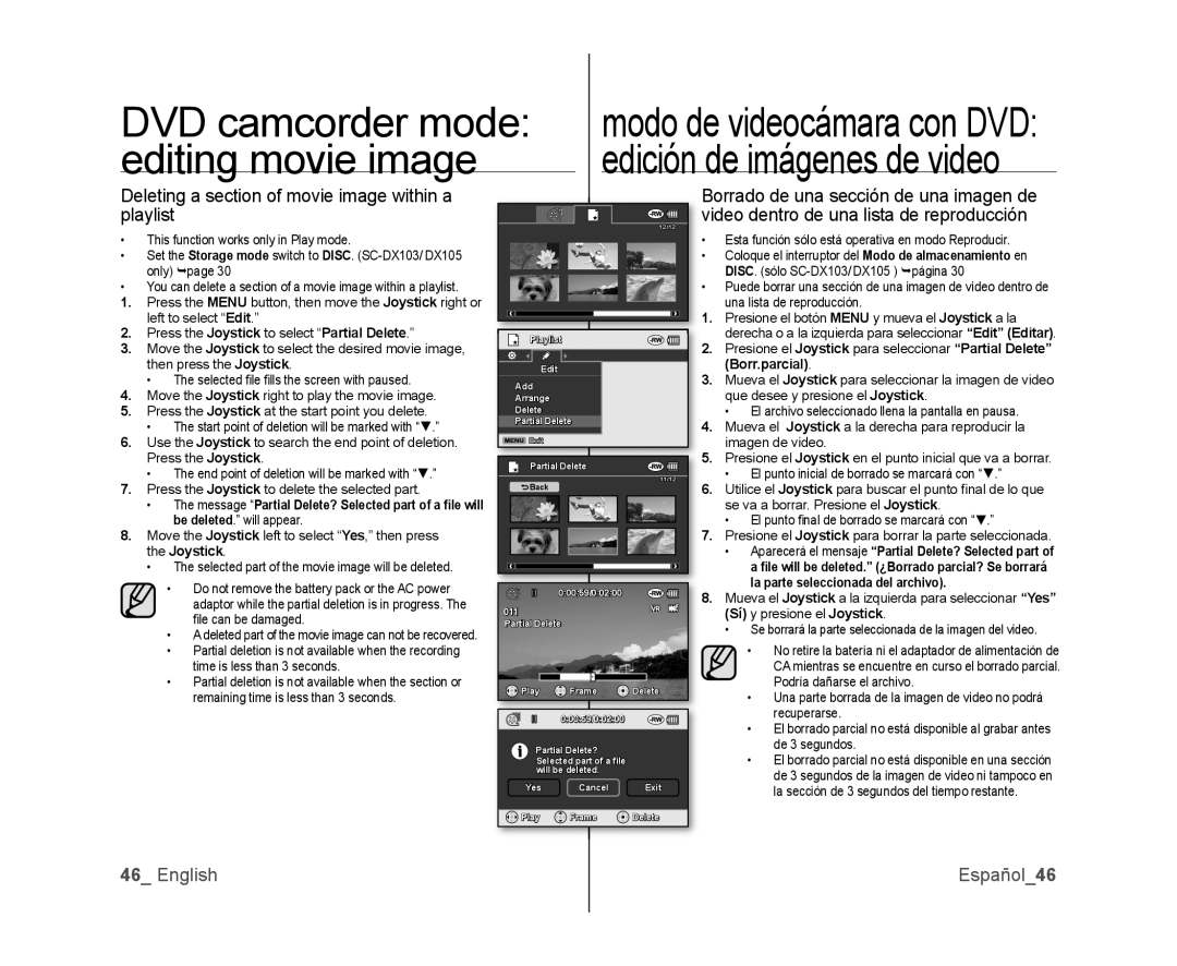 Samsung SC-DX100, SC-DX105, SC-DX103 user manual Deleting a section of movie image within a playlist, English Español46 