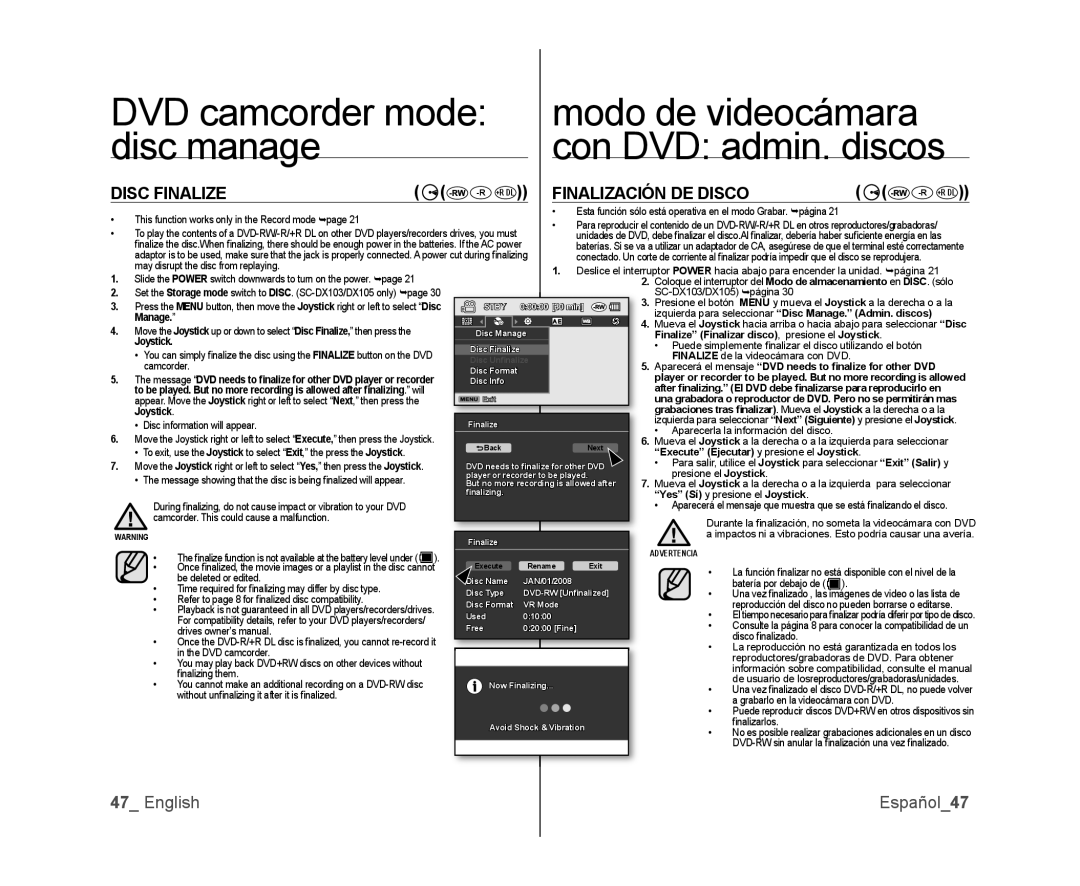 Samsung SC-DX103, SC-DX105 DVD camcorder mode Modo de videocámara Disc manage, Con DVD admin. discos, Disc Finalize 