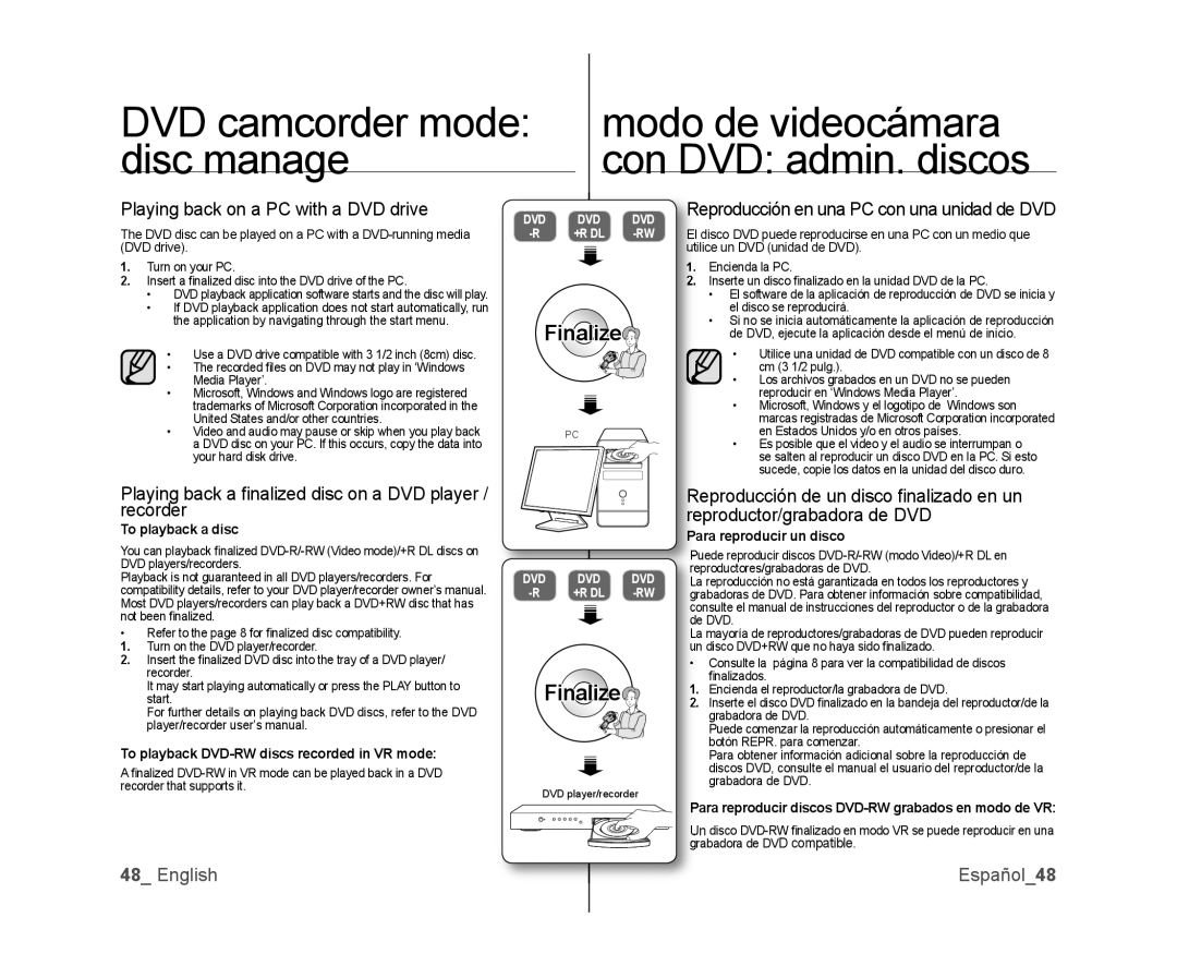 Samsung SC-DX105, SC-DX100 Playing back on a PC with a DVD drive, Playing back a ﬁ nalized disc on a DVD player / recorder 