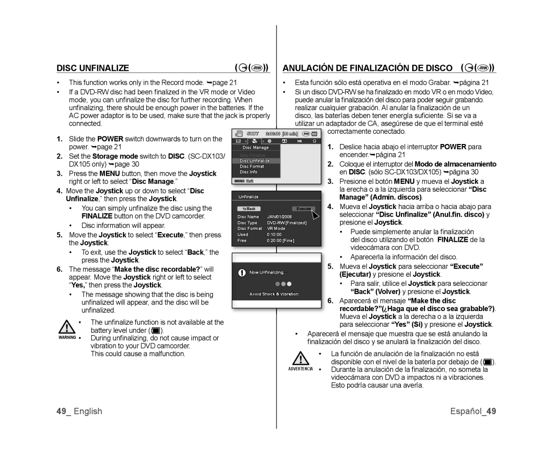 Samsung SC-DX100, SC-DX105 Disc Unfinalize Anulación DE Finalización DE Disco, English Español49, Manage Admin. discos 