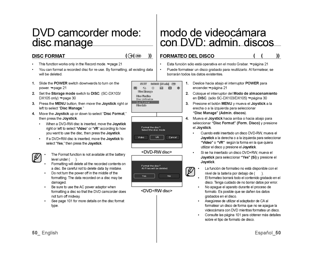 Samsung SC-DX103 Modo de videocámara Disc manage, DVD camcorder mode, Disc Format, Formateo DEL Disco, English Español50 