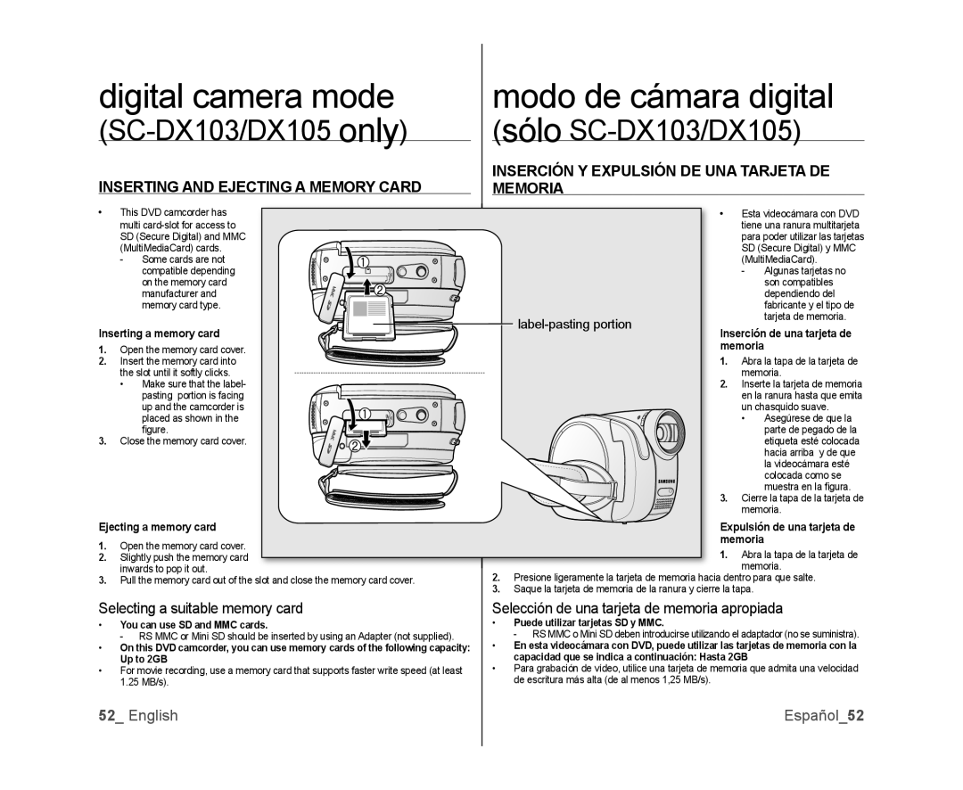 Samsung SC-DX100 Digital camera mode, Modo de cámara digital, Inserting and Ejecting a Memory Card, English Español52 