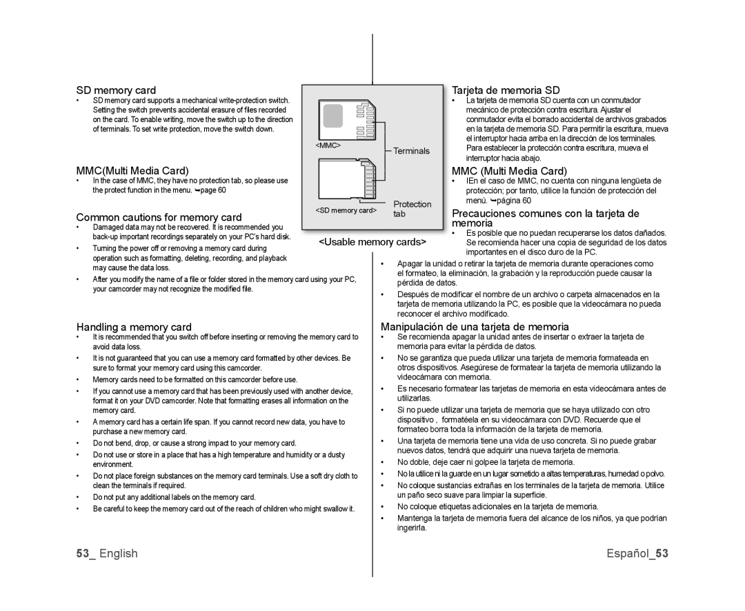 Samsung SC-DX103, SC-DX105, SC-DX100 user manual English Español53, Usable memory cards 