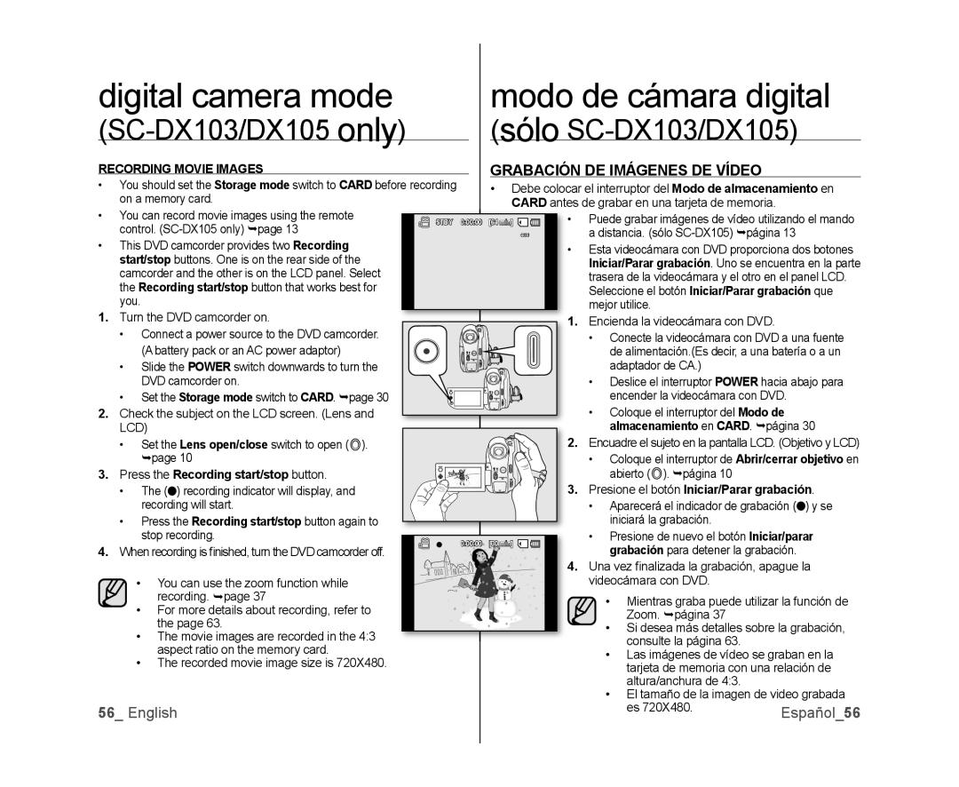 Samsung SC-DX103, SC-DX105 Digital camera mode Modo de cámara digital, Sólo, Only, Almacenamiento en Card .  página 