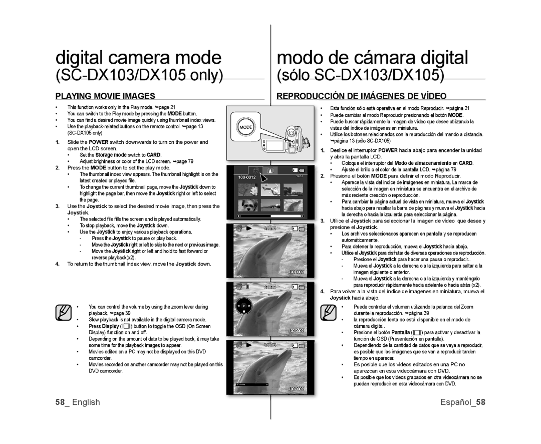 Samsung SC-DX100, SC-DX105, SC-DX103 user manual English Español58, This function works only in the Play mode. page 