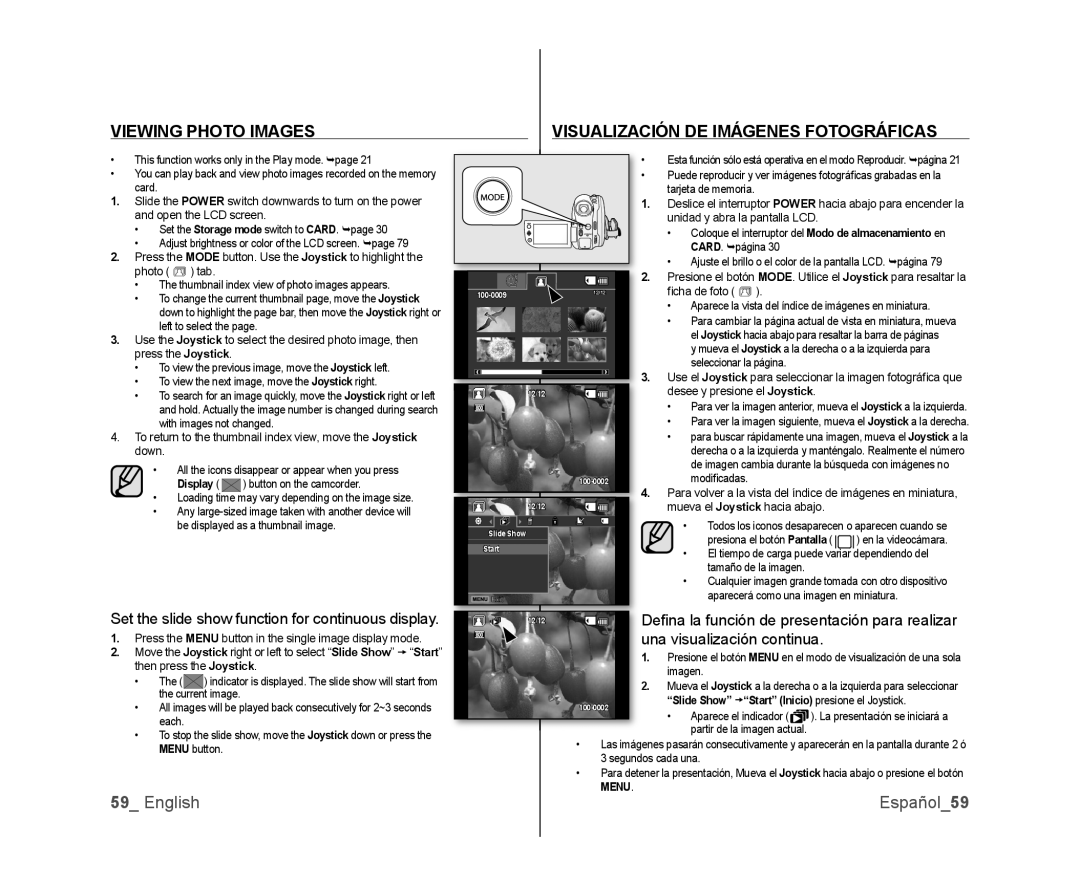 Samsung SC-DX103, SC-DX105, SC-DX100 Viewing Photo Images Visualización DE Imágenes Fotográficas, English Español59 