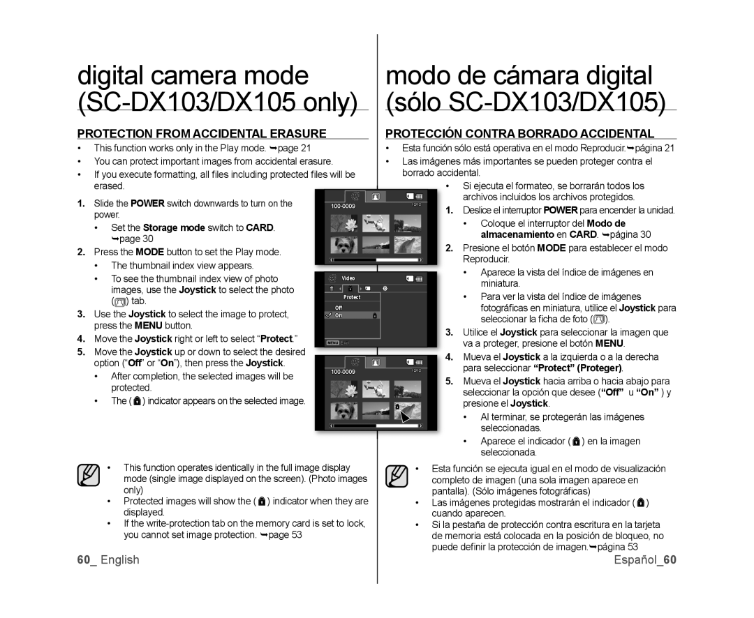 Samsung SC-DX105, SC-DX100, SC-DX103 English Español60, Almacenamiento en CARD. página, Para seleccionar Protect Proteger 