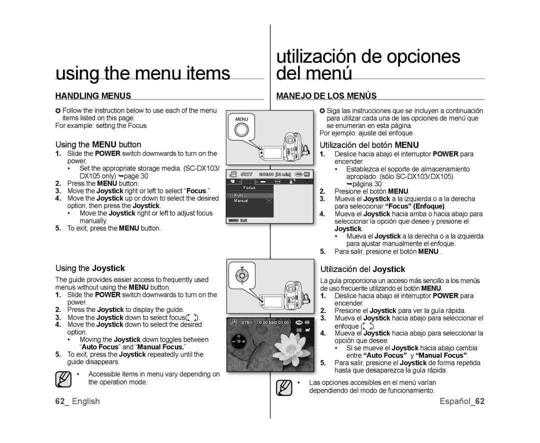 Samsung SC-DX103, SC-DX105 Using the menu items Utilización de opciones Del menú, Handling Menus Manejo DE LOS Menús 