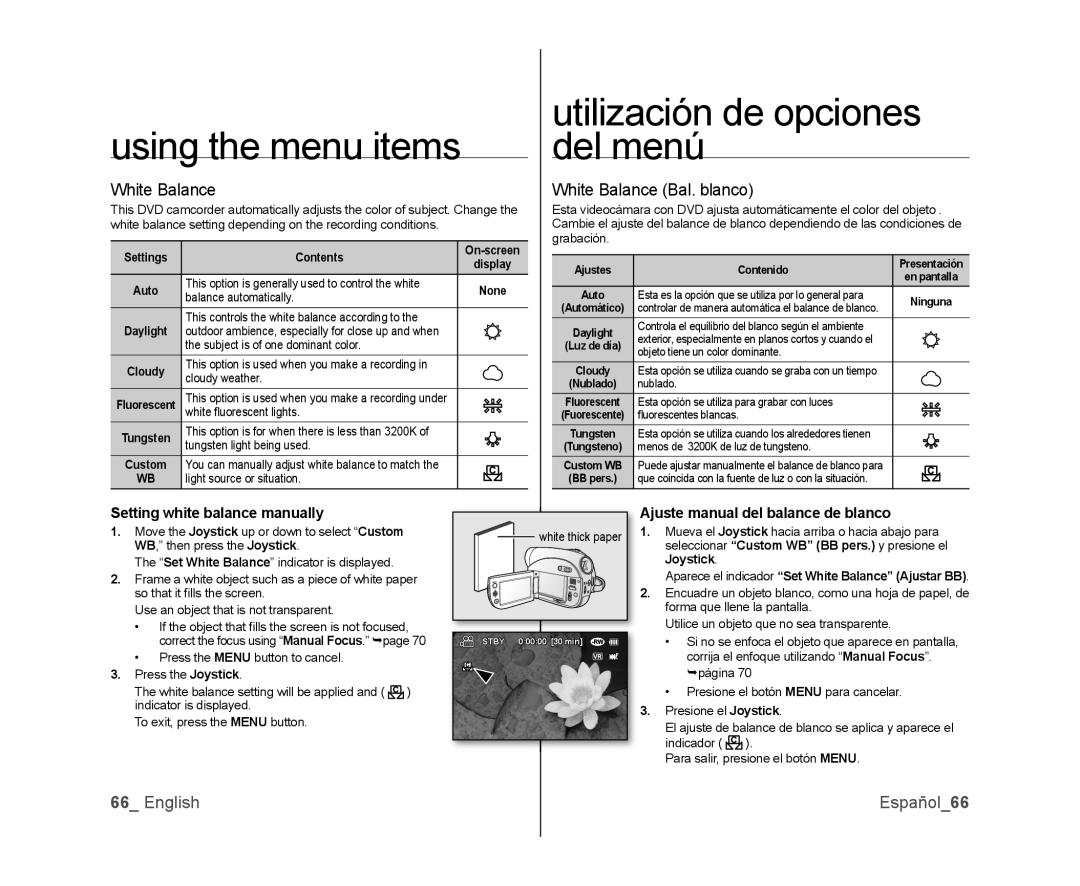 Samsung SC-DX105, SC-DX100, SC-DX103 White Balance Bal. blanco, English Español66, Setting white balance manually 