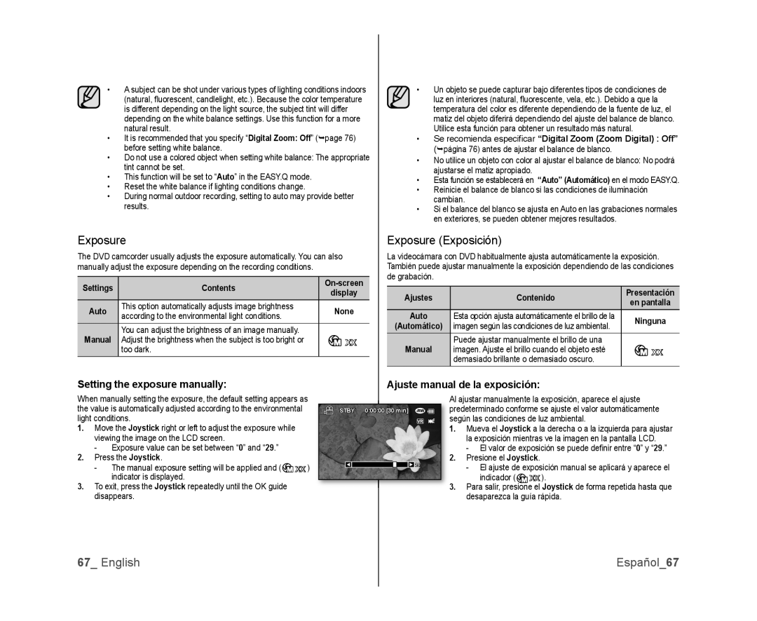 Samsung SC-DX100 English Español67, Exposure Exposición, Setting the exposure manually, Ajuste manual de la exposición 