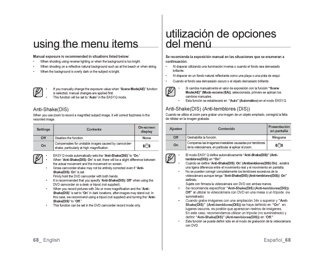 Samsung SC-DX103, SC-DX105, SC-DX100 user manual Anti-ShakeDIS Anti-temblores DIS, English Español68 