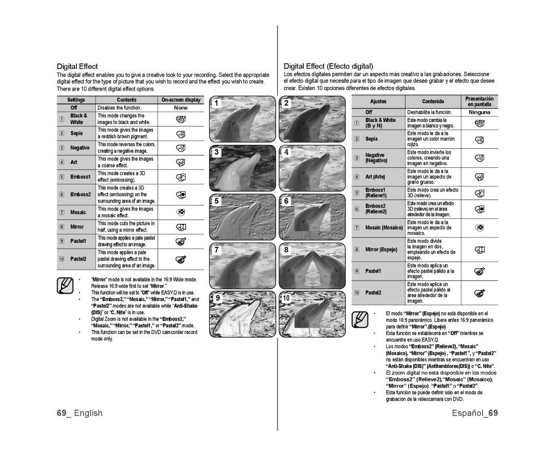 Samsung SC-DX105, SC-DX100, SC-DX103 user manual English Español69, Digital Effect Efecto digital 