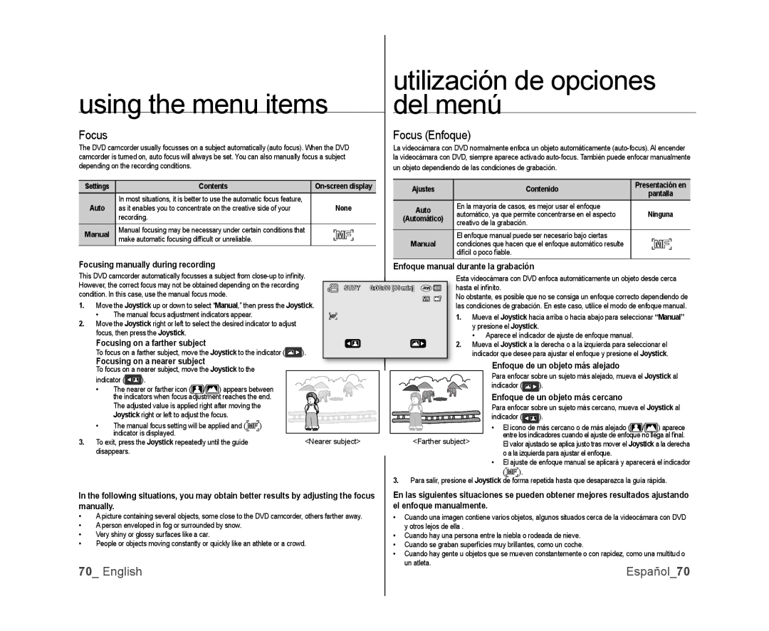 Samsung SC-DX100, SC-DX105, SC-DX103 user manual Focus Enfoque 