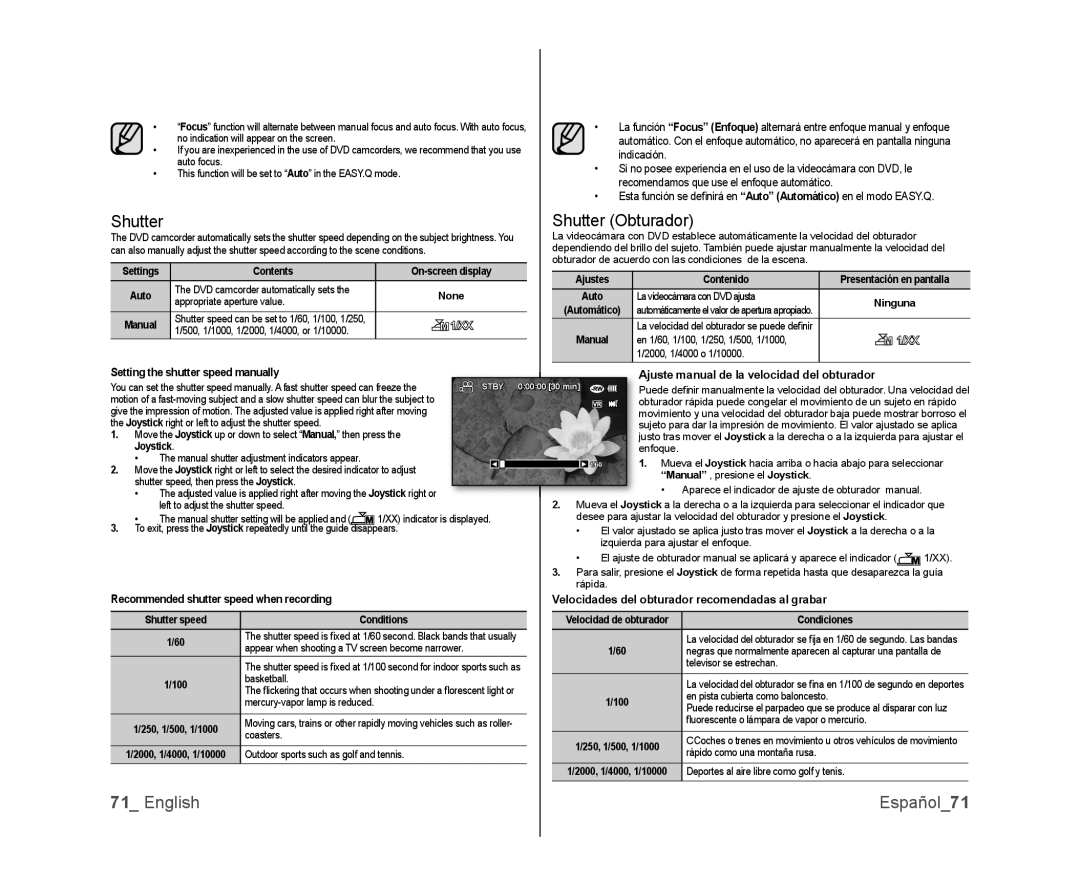 Samsung SC-DX103, SC-DX105, SC-DX100 user manual Shutter Obturador, English Español71 