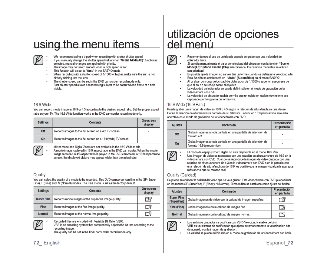 Samsung SC-DX105, SC-DX100, SC-DX103 user manual English Español72, Wide 169 Pan, Quality Calidad 