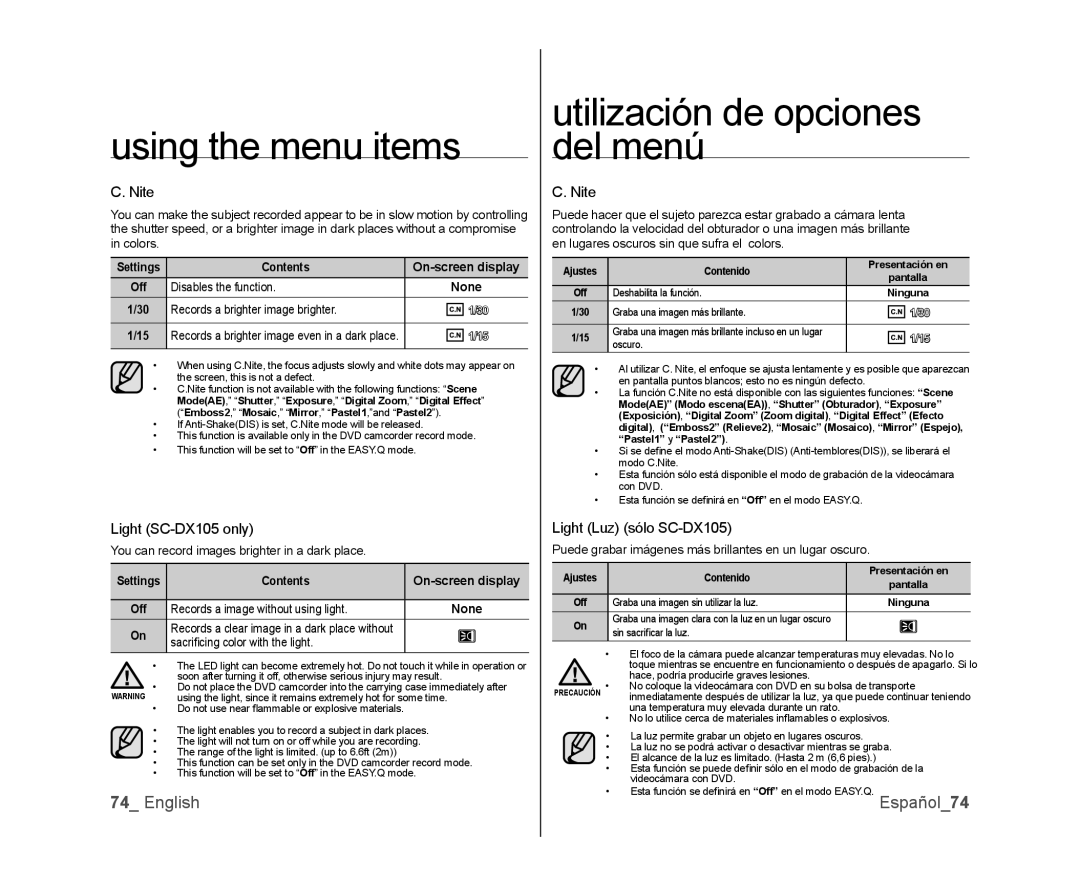 Samsung SC-DX103, SC-DX100 user manual Nite, Light Luz sólo SC-DX105, Settings Contents On-screen display 