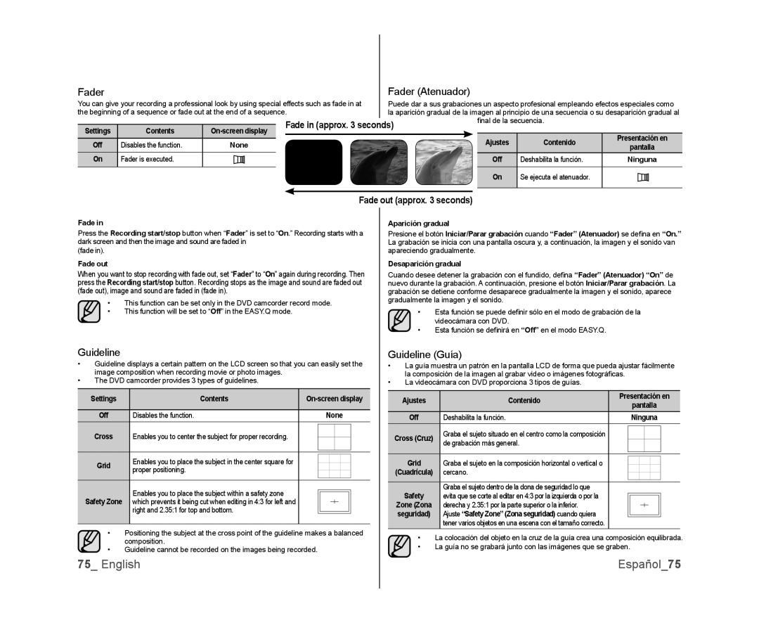 Samsung SC-DX105, SC-DX100, SC-DX103 user manual English Español75, Fader Atenuador, Guideline Guía 