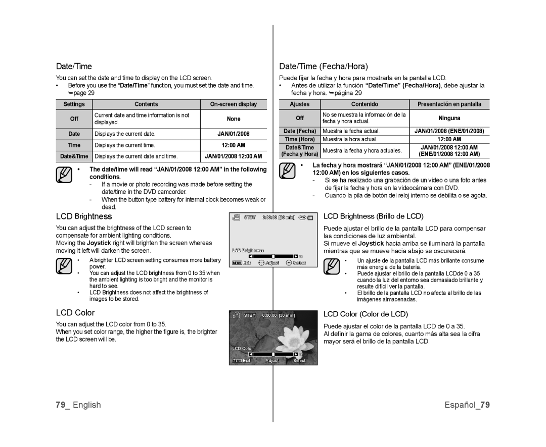 Samsung SC-DX100, SC-DX105, SC-DX103 user manual Date/Time Fecha/Hora, LCD Brightness, LCD Color, English Español79 