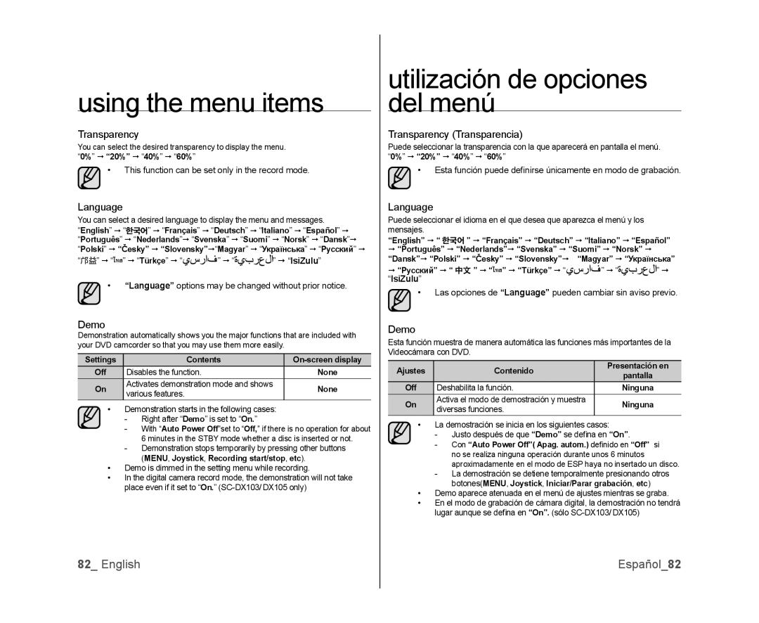 Samsung SC-DX100, SC-DX105, SC-DX103 English Español82, Transparency Transparency Transparencia, Language, Demo, IsiZulu 