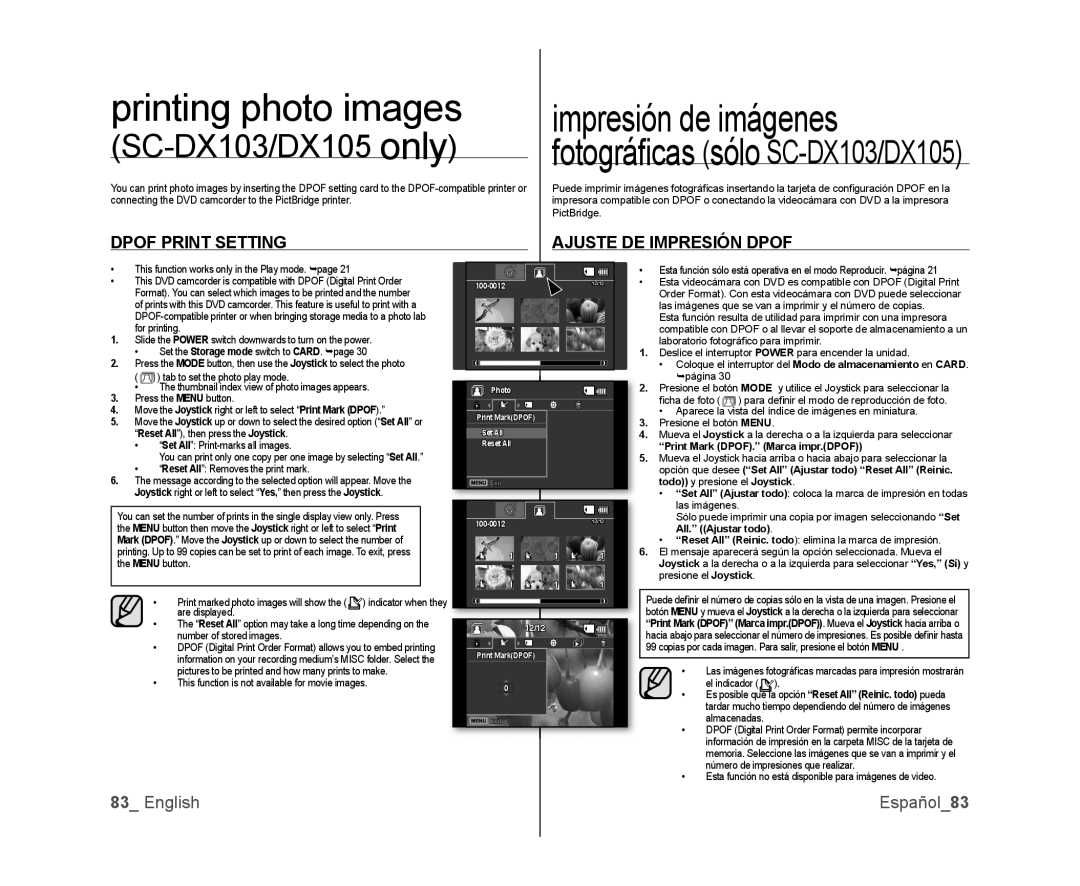 Samsung SC-DX103, SC-DX105 Printing photo images, Impresión de imágenes, Dpof Print Setting Ajuste DE Impresión Dpof 