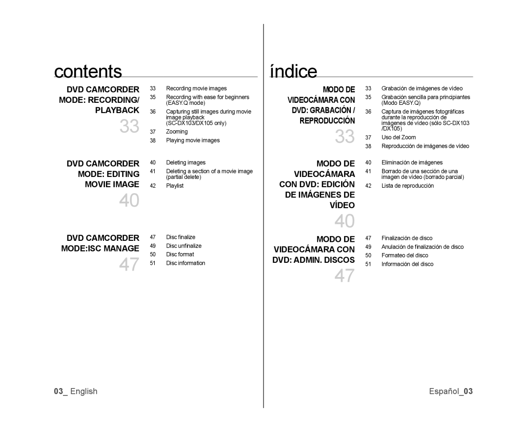 Samsung SC-DX105, SC-DX100, SC-DX103 user manual Modo DE Videocámara CON DVD Edición DE Imágenes DE Vídeo, English Español03 