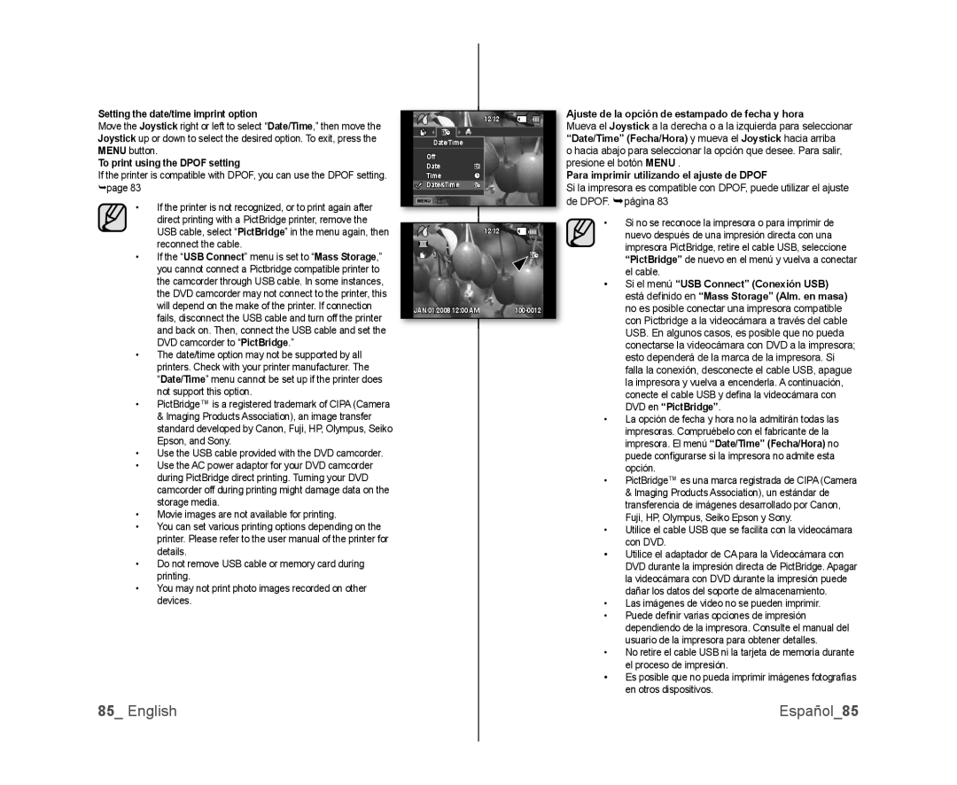 Samsung SC-DX100, SC-DX105 English Español85, Setting the date/time imprint option, To print using the Dpof setting 