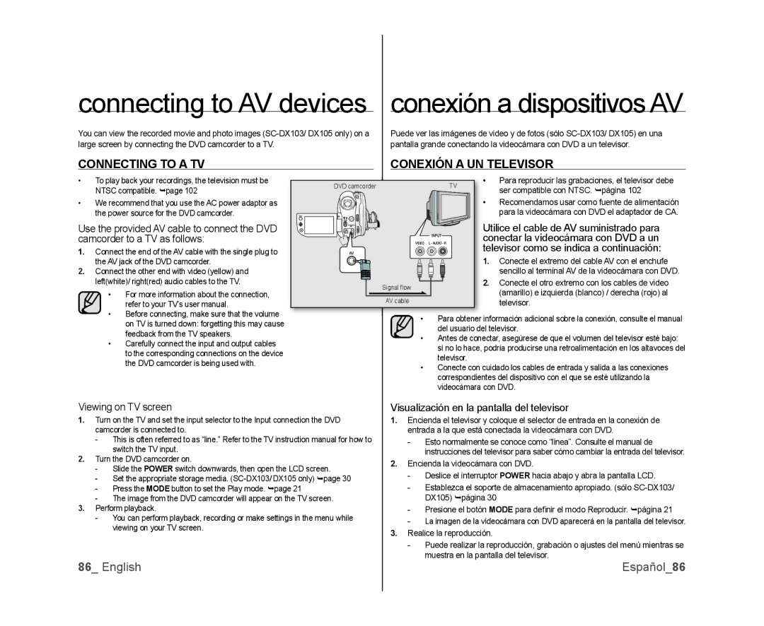 Samsung SC-DX103, SC-DX105 Connecting to AV devices, Connecting to a TV Conexión a UN Televisor, English Español86 