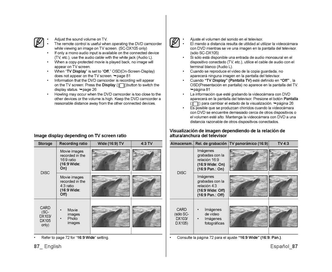 Samsung SC-DX105, SC-DX100, SC-DX103 user manual English Español87, Image display depending on TV screen ratio 