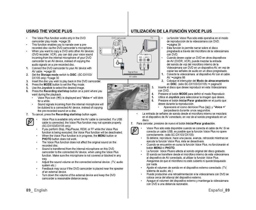 Samsung SC-DX103, SC-DX105, SC-DX100 user manual Using the Voice Plus Utilización DE LA Función Voice Plus, English Español89 